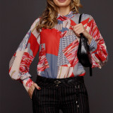 Karriere Damen Frühling Sommer Langarmhemd Bedruckter Pullover Ballonärmel Stehkragen Krawattenhemd