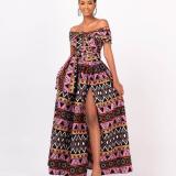 African Women's Dress Chic Career Slit Tie Digital Print Swing Dress