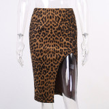 Falda de cintura alta con abertura con estampado de leopardo de punto Falda delgada sexy de primavera para mujer