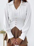 Career Women Blouse Long Sleeve Shirt Women's Ruched V-Neck Top Irregular Hem Slim Waist Shirt