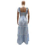 Damen-Patchwork-Streifen mit niedrigem Rücken, schicker, eckiger Ausschnitt, lässiges A-Linien-Maxikleid