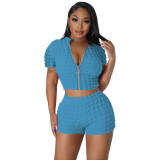 Women's Sexy Stand Collar Zip-Up Short Sleeve Top Shorts Two-Piece Set