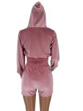 Women's Fashion And Casual Velvet Hooded Long Sleeve Two-Piece Shorts Set For Women