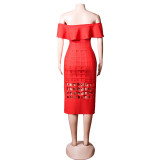 Summer Red Off Shoulder Ruffled Collar Slim Evening Dress Red Dress Ladies Chic Elegant Long Dress Bandage Dress