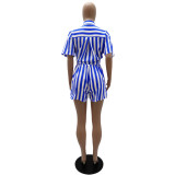Gestreiftes Turndown-Kragen-Langarmhemd, elastische Taille, Shorts, zweiteiliges Set