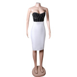Spring Strapless Tight Fitting Dress Black & White Patchwork Bandage Dress Chic Diamond-Encrusted Dress