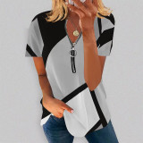 Summer Women's Printed Cotton Short-Sleeved Zipper V-Neck T-Shirt Top