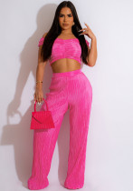 Women's Spring Summer Sexy Solid Color Strapless Off Shoulder Crop Top Wide Leg Pants Two-Piece Set