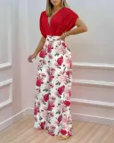Women's Spring Summer Solid Bat Sleeves Top Print Wide Leg Pants Two-Piece Set