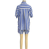 Gestreiftes Turndown-Kragen-Langarmhemd, elastische Taille, Shorts, zweiteiliges Set