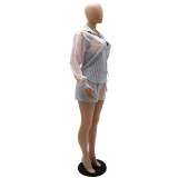 Camisa de manga larga de retazos con estampado de rayas, pantalones cortos ajustados de cintura alta informales, conjunto de dos piezas para mujer