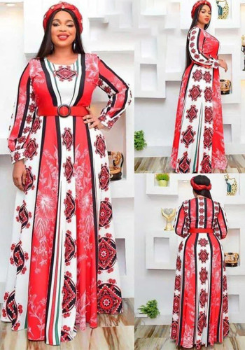 Africa Plus Size Women's Patchwork Long Sleeve Striped Print Round Neck A-Line Swing Dress Party Maxi Dress