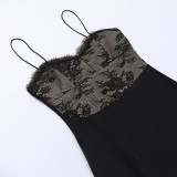 Tejer encaje correas hendidura vestido primavera mujer moda sexy negro delgado vestido femenino