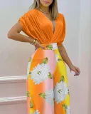 Women's Spring Summer Solid Bat Sleeves Top Print Wide Leg Pants Two-Piece Set