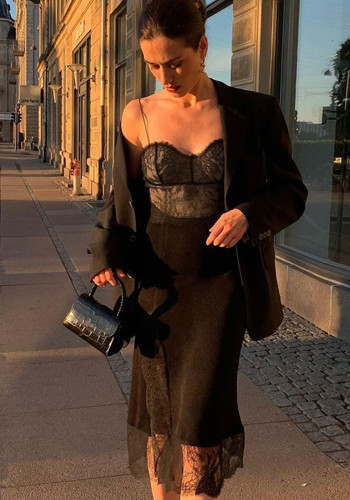 Örgü Dantel Askılı Yarık Elbise Bahar Kadın Modası Seksi Siyah İnce Elbise Kadın
