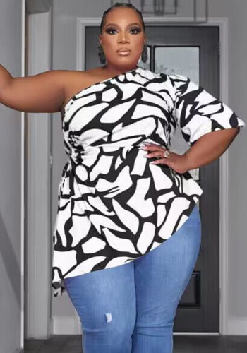 Trendy Sexy Plus Size Damen bedrucktes Slash Shoulder Kurzarm Top