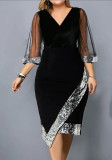 Elegant Velvet Irregular Sequins See-Through Mesh Long Sleeve Women's Party Dress