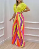 Women's Spring Summer Solid Bat Sleeves Top Print Wide Leg Pants Two-Piece Set