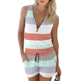 Summer Plus Size Women's Multi-Color Print Zip Sleeveless Casual Jumpsuit