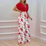 Women's Spring Summer Solid Bat Sleeves Top Print Wide Leg Pants Two-Piece Set
