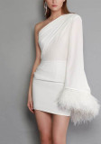 Spring Fall Women's Evening Dress Sexy Feather Bell Bottom Sleeve One Shoulder Pleated Bodycon Dress
