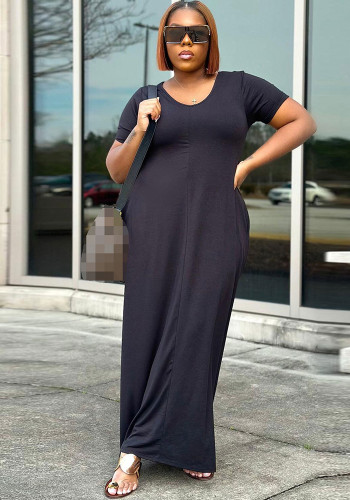 Solid Short Sleeve Loose Fit Plus Size Maxi Dress Long Dress