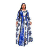 Africa Plus Size Women's Patchwork Long Sleeve Striped Print Round Neck A-Line Swing Dress Party Maxi Dress