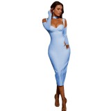 Spring Pure Color Evening Dress Straps Long Sleeve Slim Fitted Bandage Dress Women's Clothing