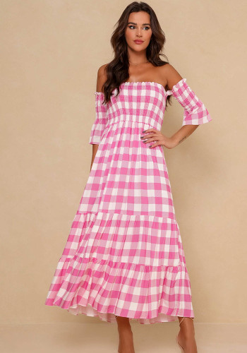 Spring Summer Chic Off Shoulder Plaid Printed Low Back A-Line Casual Dress