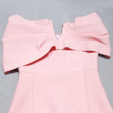 Spring Pink High Waist Slim Waist Off Shoulder Bandage Dress Chic V Neck Ladies Dress