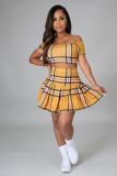 Summer Plaid Print Off Shoulder Top Pleated A-Line Skirt Two-Piece Set