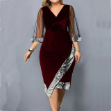 Elegant Velvet Irregular Sequins See-Through Mesh Long Sleeve Women's Party Dress