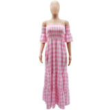 Spring Summer Chic Off Shoulder Plaid Printed Low Back A-Line Casual Dress