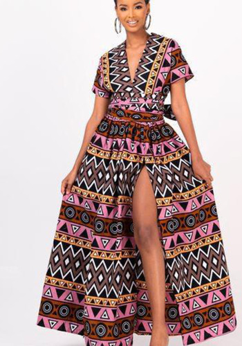 Afrikalı Kadın Elbisesi Şık Kariyer Yırtmaçlı Kravat Dijital Baskı Salıncak Elbise