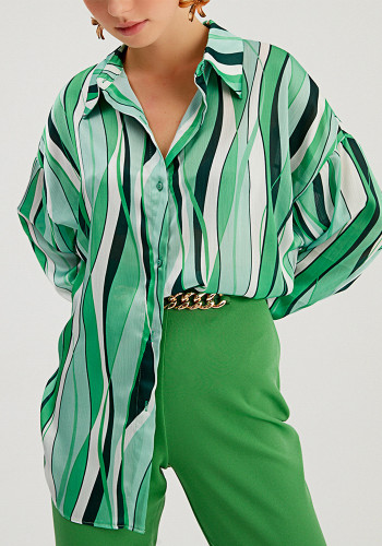 Karriere-Frauen-Bluse, vertikaler Streifen, lockeres Digitaldruck-Stil, langärmliges Hemd
