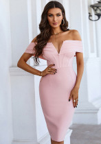 Primavera rosa cintura alta cintura delgada fuera del hombro vendaje vestido elegante cuello en V vestido de mujer
