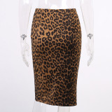 Falda de cintura alta con abertura con estampado de leopardo de punto Falda delgada sexy de primavera para mujer