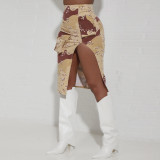 Damen-Mode-Stil Camouflage-Blatt-Druck-Cargo-Taschen-Schlitz-Reißverschluss-Rock mit hoher Taille