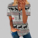 Summer Women's Printed Cotton Short-Sleeved Zipper V-Neck T-Shirt Top