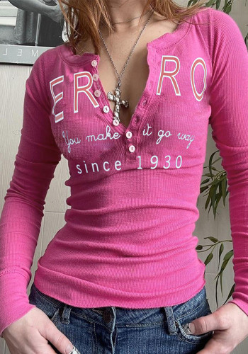 T-shirt slim fit primaverile da donna con bottoni a maniche lunghe con stampa a costine