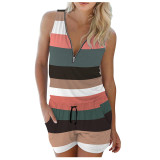 Summer Plus Size Women's Multi-Color Print Zip Sleeveless Casual Jumpsuit