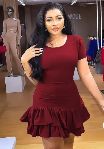 Solid Color Short Sleeve Back Lace-Up Chic Slim Ruffle Summer Dress