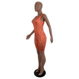 Spring Summer Women's Stripes Print Zipper Sleeveless Casual Jumpsuit