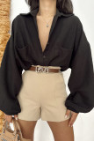 Women's Spring Turndown Collar Long Sleeve Shirt Loose Plus Size Balloon Sleeve Pocket Solid Top