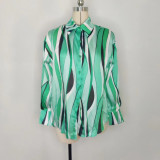Career Women Blouse Vertical Stripe Loose Digital Printing Style Street Long Sleeve Shirt