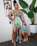 Spring Summer Aunt Women's Sexy Printed Straps Long Sleeve Slit Maxi Dress