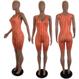 Spring Summer Women's Stripes Print Zipper Sleeveless Casual Jumpsuit