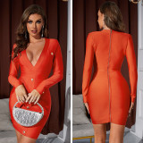 Autumn And Winter Sexy Deep V Long-Sleeved Single-Breasted Chic Bodycon Dress Red Bandage Dress