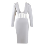 Sexy Cutout Patchwork Bodycon Slit Dress Formal Party Gown Long Sleeve Tight Fitting Bandage Dress