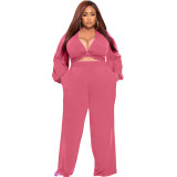 Plus Size Women Solid Bow Tie Long Sleeve Top And Pant Two-Piece Set
